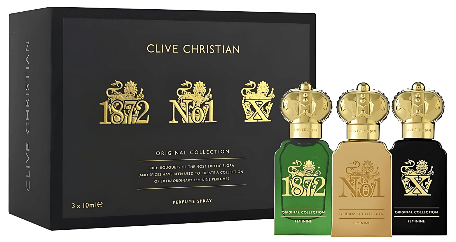 Scent Sorority Clive Christian X by Clive Christian Gift Set -- Travel Set: 1872 Feminine, No 1 Feminine, X Feminine 0.34 oz Pure Parfum